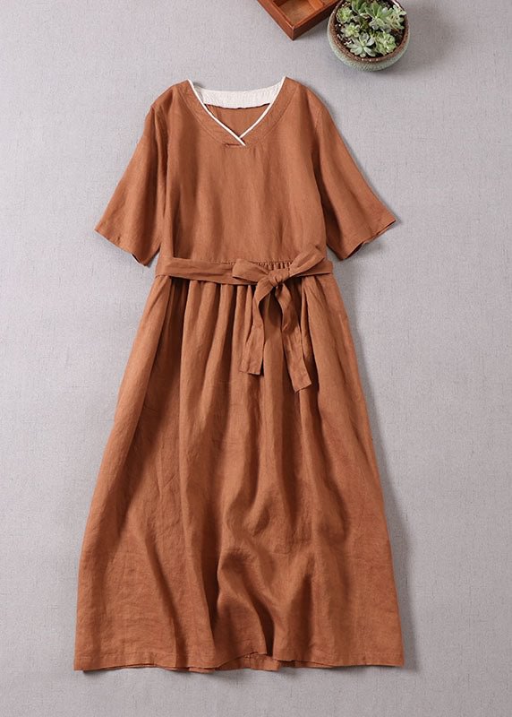 French Caramel V Neck Patchwork Linen Party Dress Short Sleeve CK1903- Fabulory