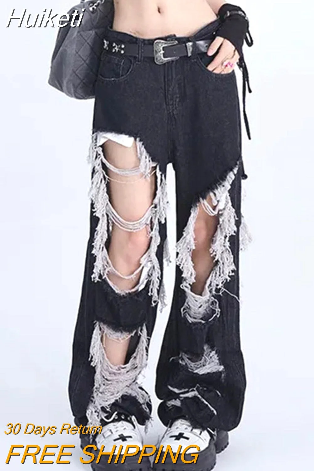 Huiketi High Street Women Ripped Jeans Y2K High Waist Hole Fashion Tassel Female Denim Pants Designed Spring Trousers