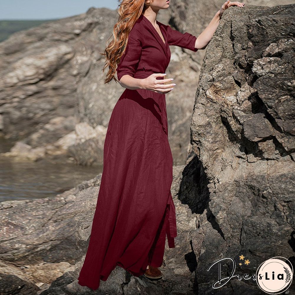 Women Vintage Party Dress Long Sleeve V Neck Office Lady Dress Autumn New Fashion Casual Dress