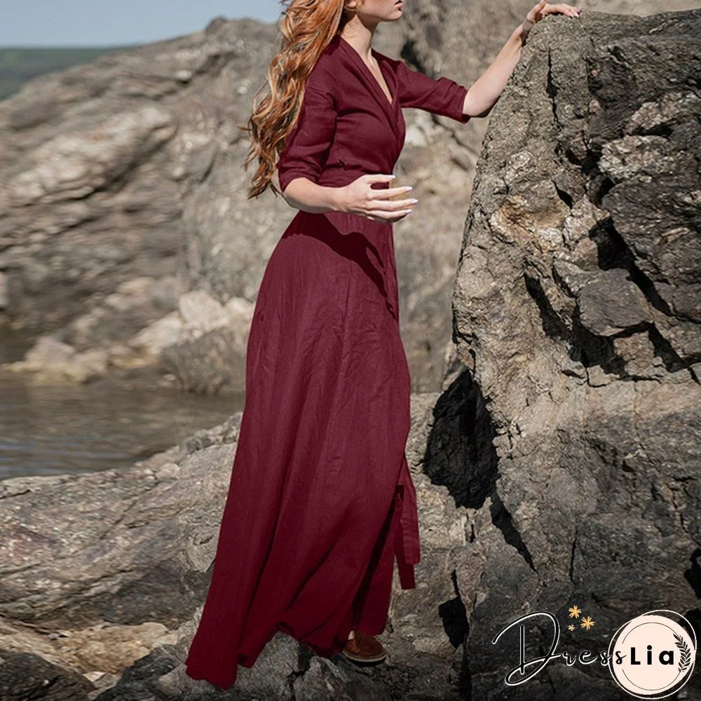 Women Vintage Party Dress Long Sleeve V Neck Office Lady Dress Autumn New Fashion Casual Dress