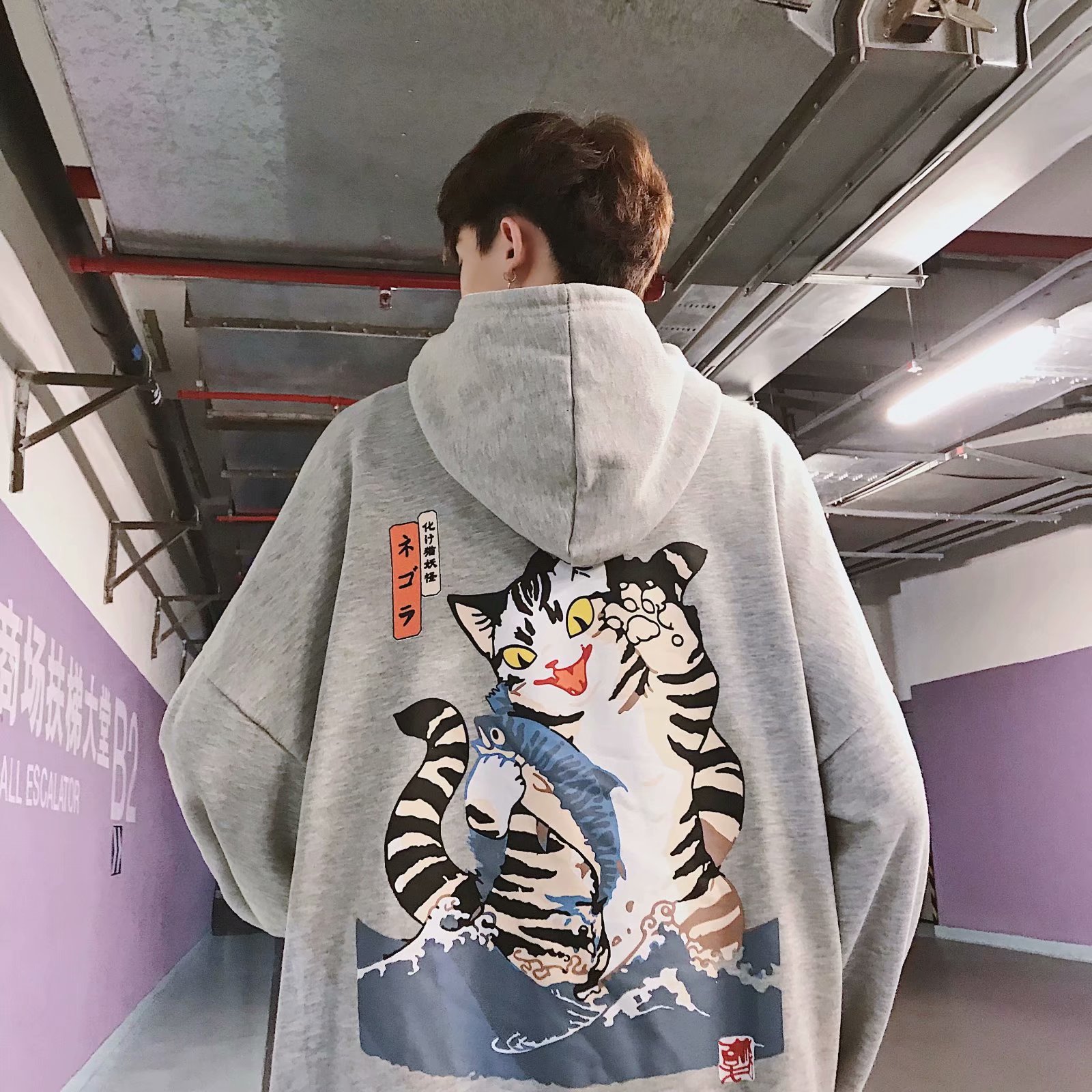 Japanese Cat And Fish Long Sleeved Print Hoodie / TECHWEAR CLUB / Techwear