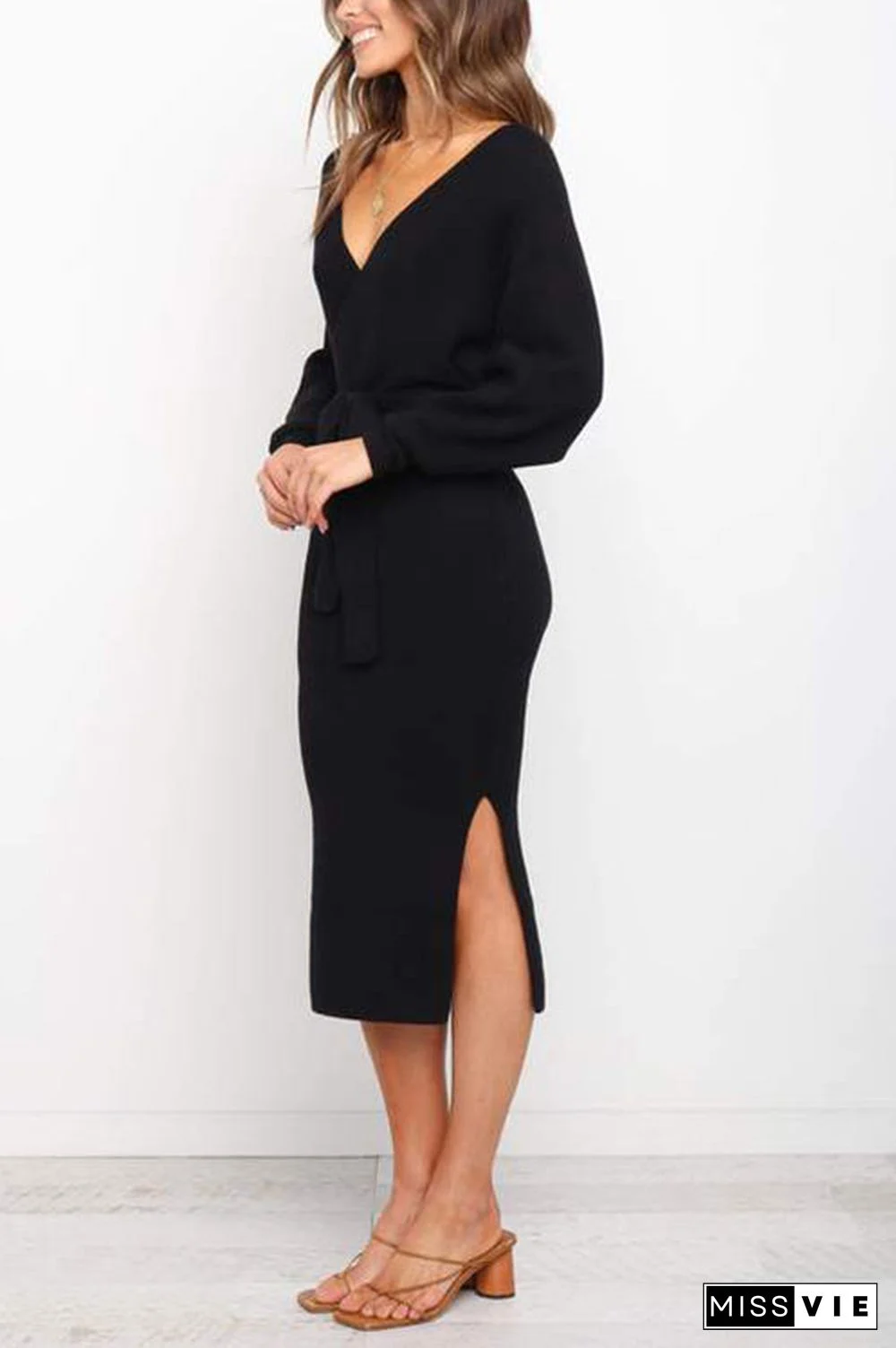 Surplice Wrap Side Slit Sweater Dress