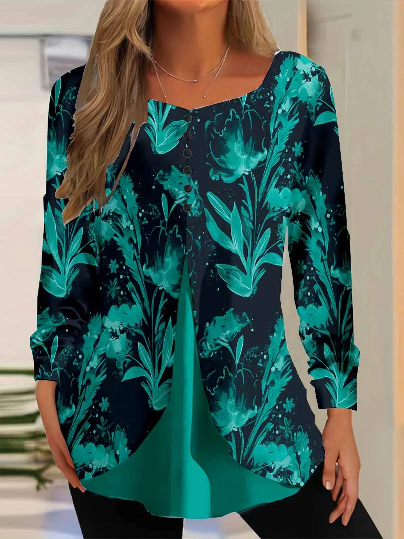 Women Floral,Green DZGG8311 Long Sleeve Scoop Neck Printed Graphic Button Fake 2in1 Tops