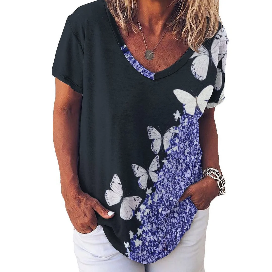V-neck Short Sleeve Casual T-shirt for  Women Printed with Pattern Purple, Butterfly, Glitter