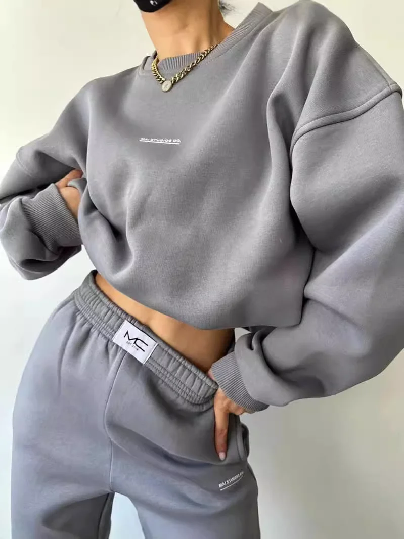 Churchf Churchf New Suit Of Long Sleeve Round Collar Casual Hoodie Elastic Sweatpants Two-Piece Set