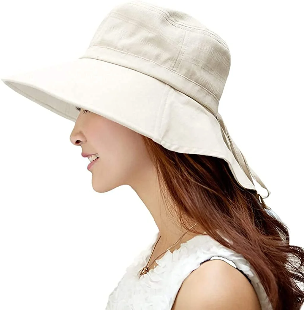 Womens Summer Flap Cover Cap Cotton UPF 50+ Sun Shade Hat with Neck Cord