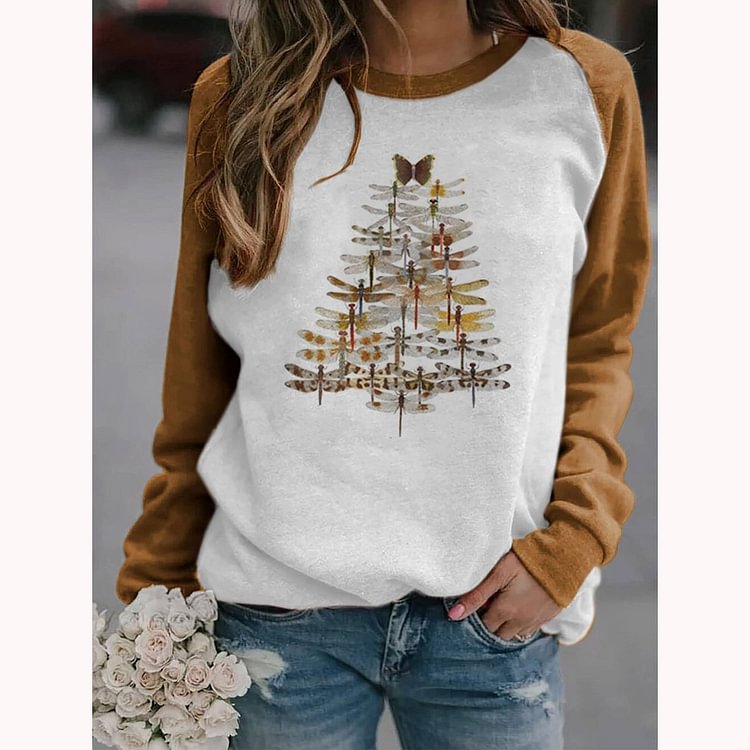 Ladies Dragonfly ChristmasTree print Casual Sweater-luchamp:luchamp