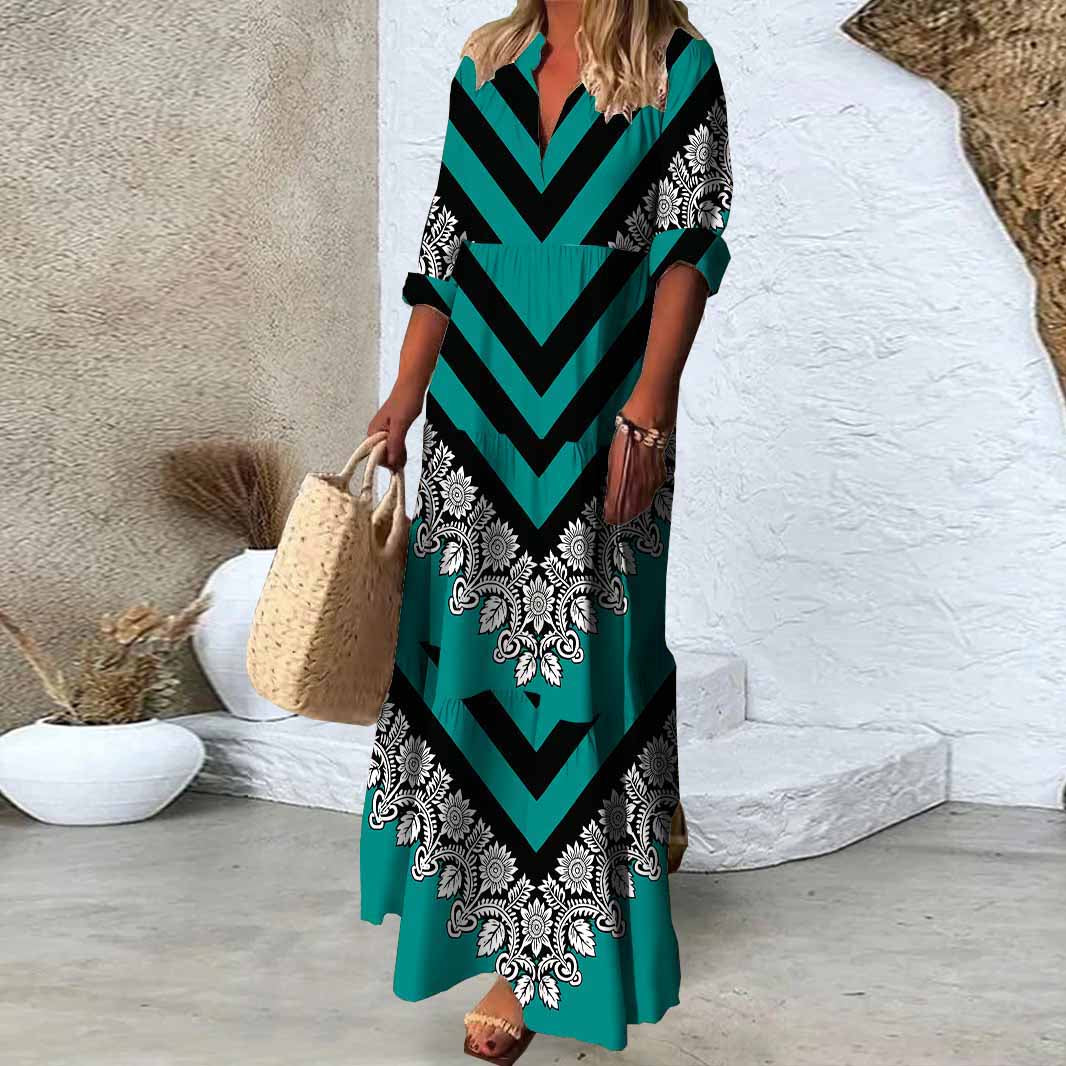 Women Green,Geometric,Stitching DZDN0622 SPU Printed Long Sleeve V-neck Maxi Dress