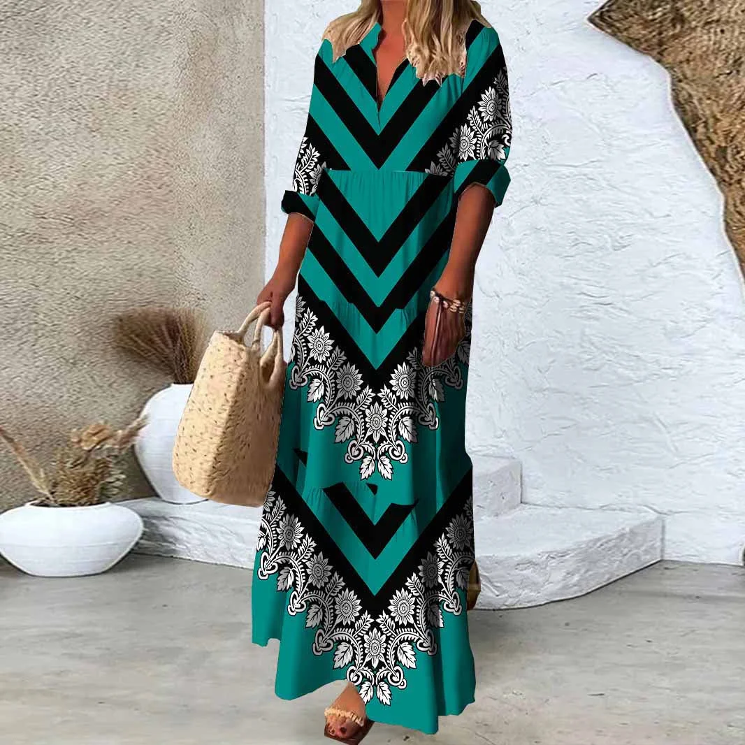 Women Green,Geometric,Stitching DZDN0622 SPU Printed Long Sleeve V-neck Maxi Dress