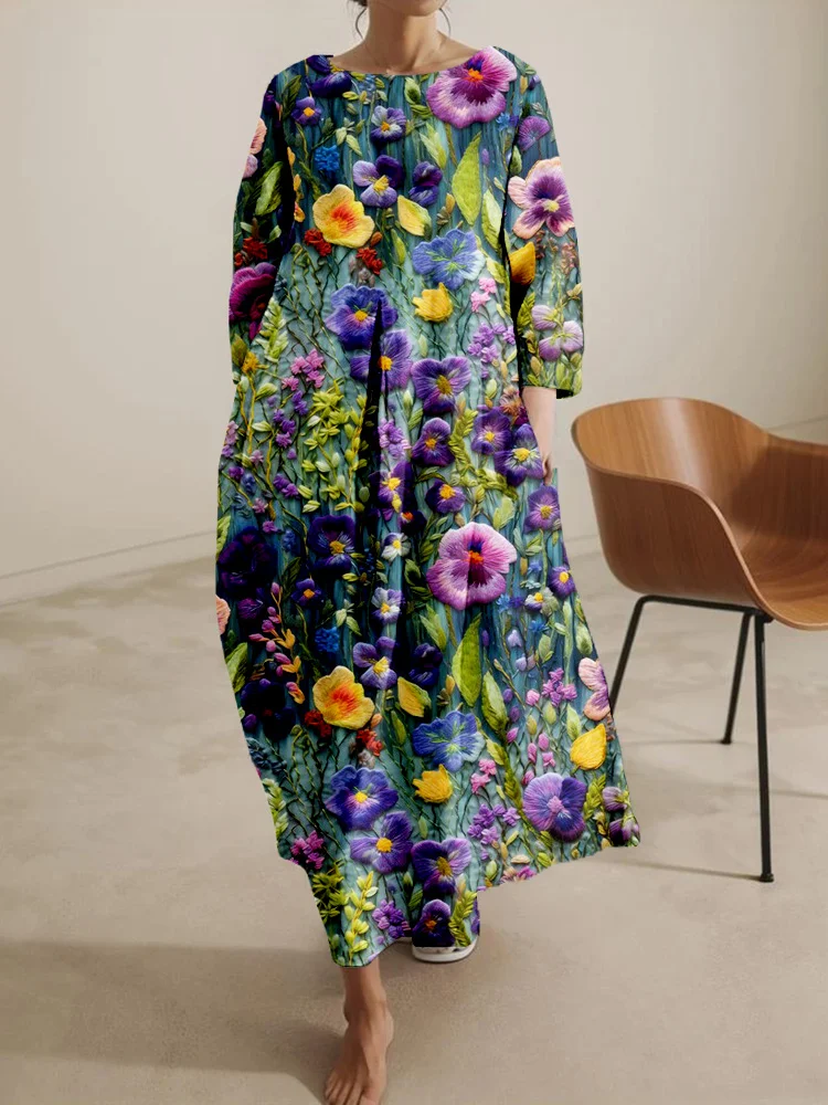 VChics Violet Wildflower Embroidery Pattern Comfy Midi Dress