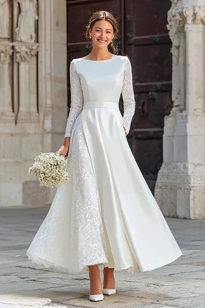 ivory lace bridal shower dress Zapaka Women Square Neckline Engagement Dress Ivory Bodycon Long Sleeves Mini Satin Wedding Reception Dress, Ivory / UK18
