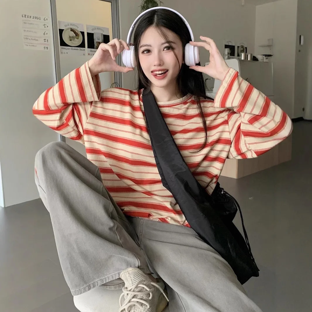 Uveng Uveng Collar Striped Long-Sleeved T-Shirt Women's Autumn 2024 New Design Feeling Loose Show Thin Casual Students Slit Jacket