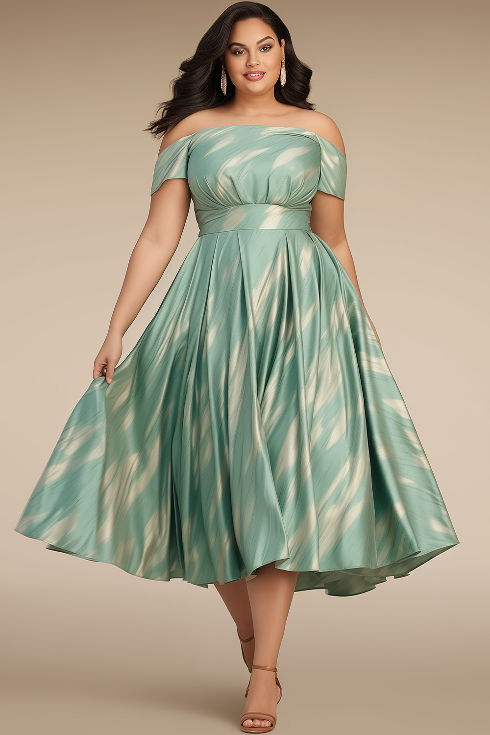Flycurvy Plus Size Wedding Guest Sage Green Satin Off The Shoulder Water Ripple Print Tea-Length Dress 2024 - Flycurvy 