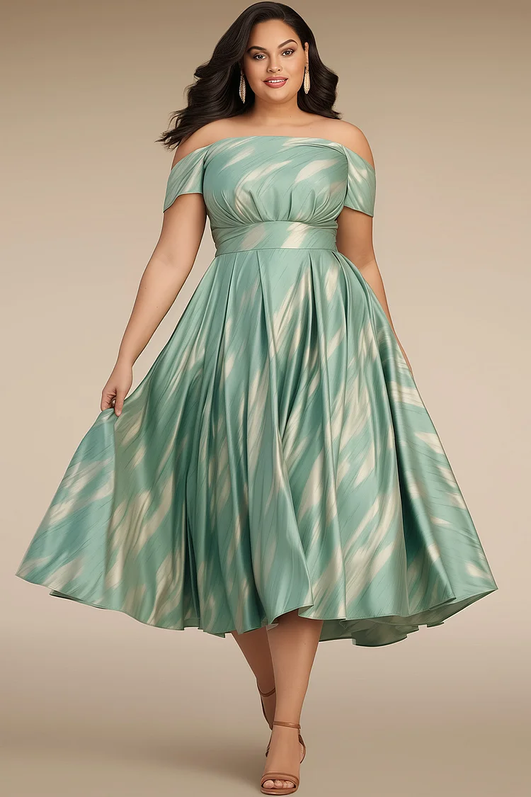 Flycurvy Plus Size Wedding Guest Sage Green Satin Off The Shoulder Water Ripple Print Tea-Length Dress 2024 - Flycurvy 