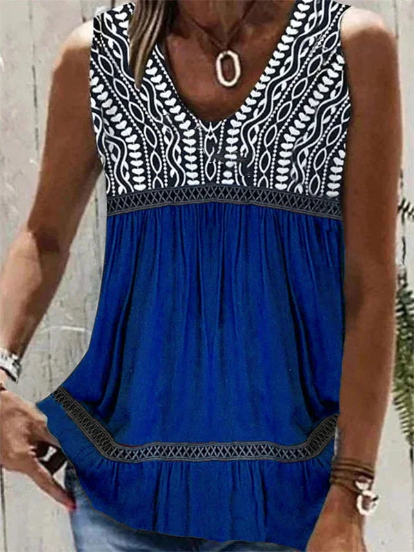 Women's Casual Printed Sleeveless O-neck Tops Blouse Vest