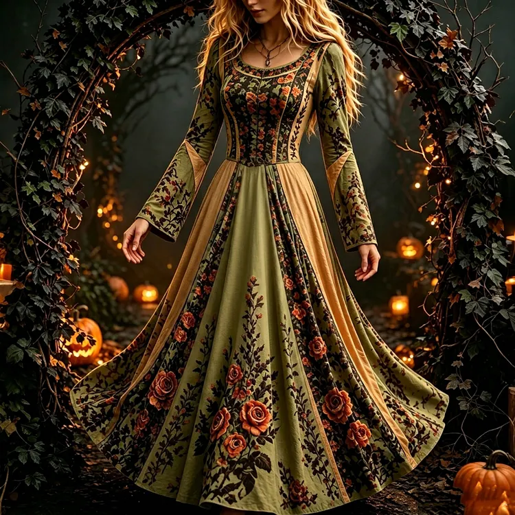 Women's Retro Floral Pattern Long-sleeved Dress