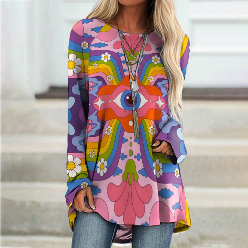 Hippie Crew Neck Colorful Print Long Sleeves Tunic wearshes