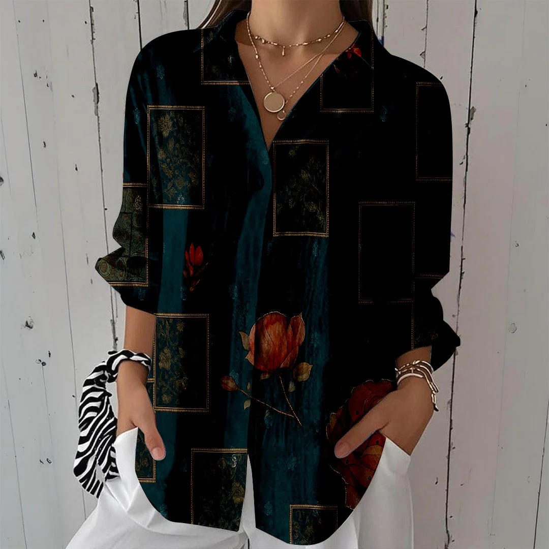 Style & Comfort for Mature Women Women Floral, Retro, Black DZCL0504 3/4 Sleeve Shirt Collar Printed Button Tops