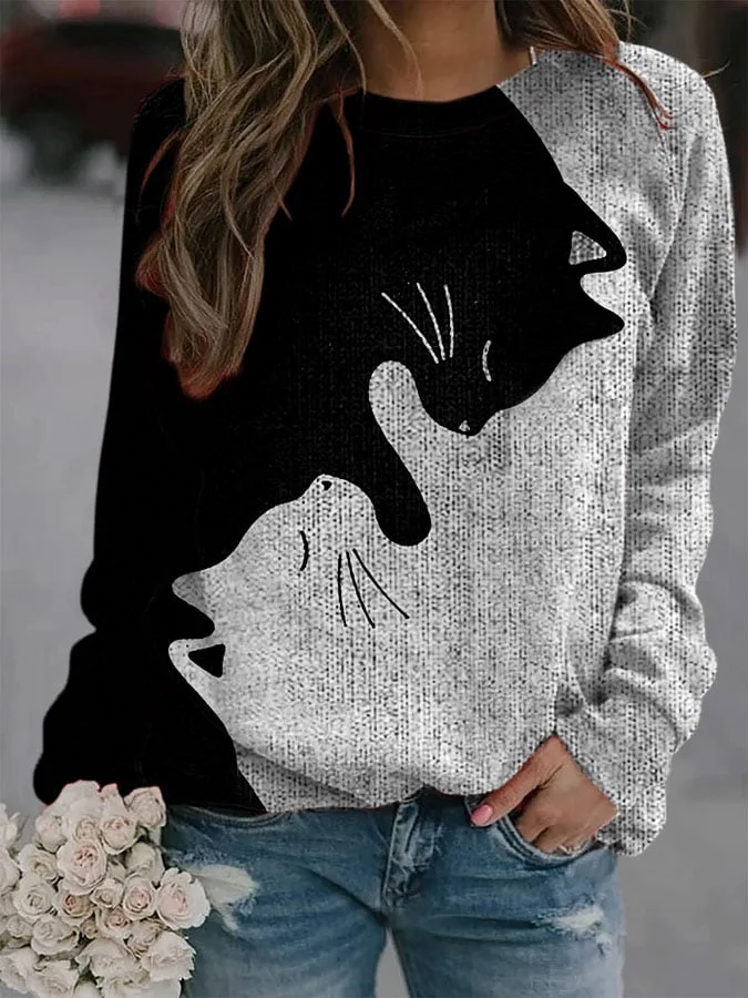 Women's Black And White Cats Print Casual Sweatshirt