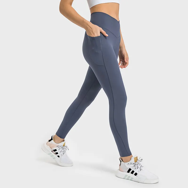 Buy Hergymclothing Light Purple Blue no front seam high waist criss cross capri leggings with side pockets at an affordable price