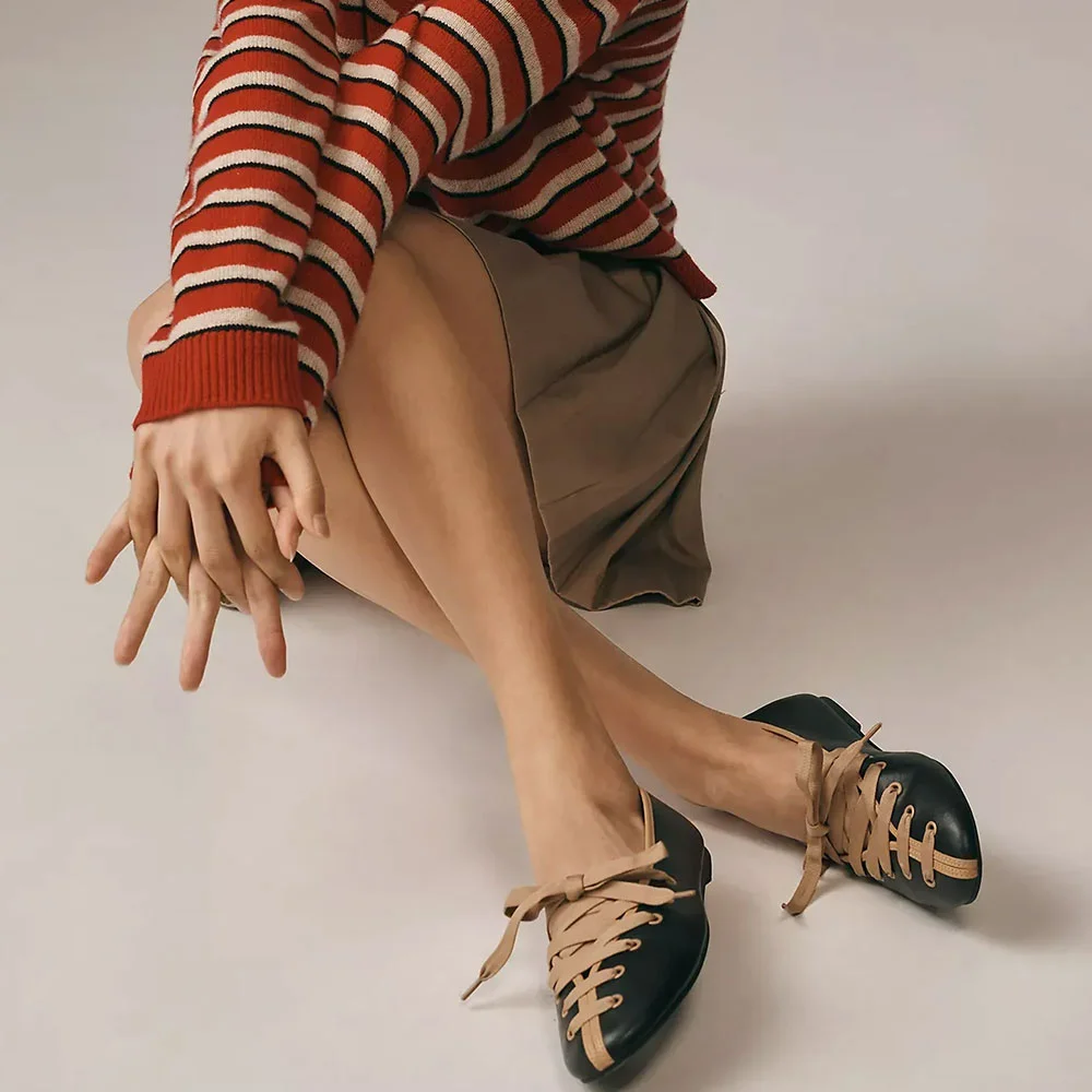 Vintage Black Round Toe Lace Up Ballet Flat Shoes for Women