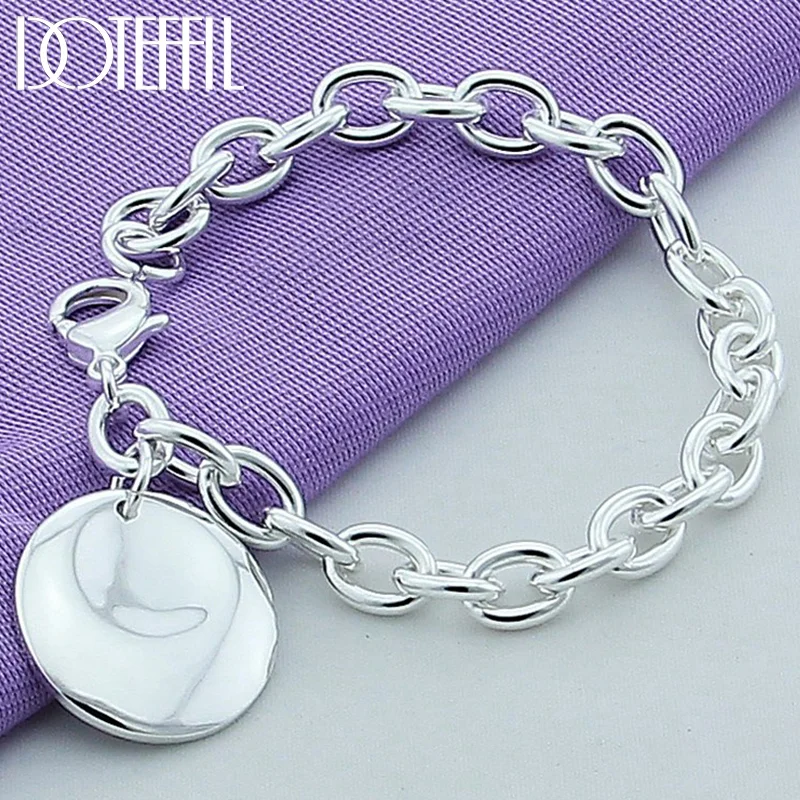 DOTEFFIL 925 Sterling Silver Circle/Round Tag Bracelet 20cm Chain Woman Jewelry