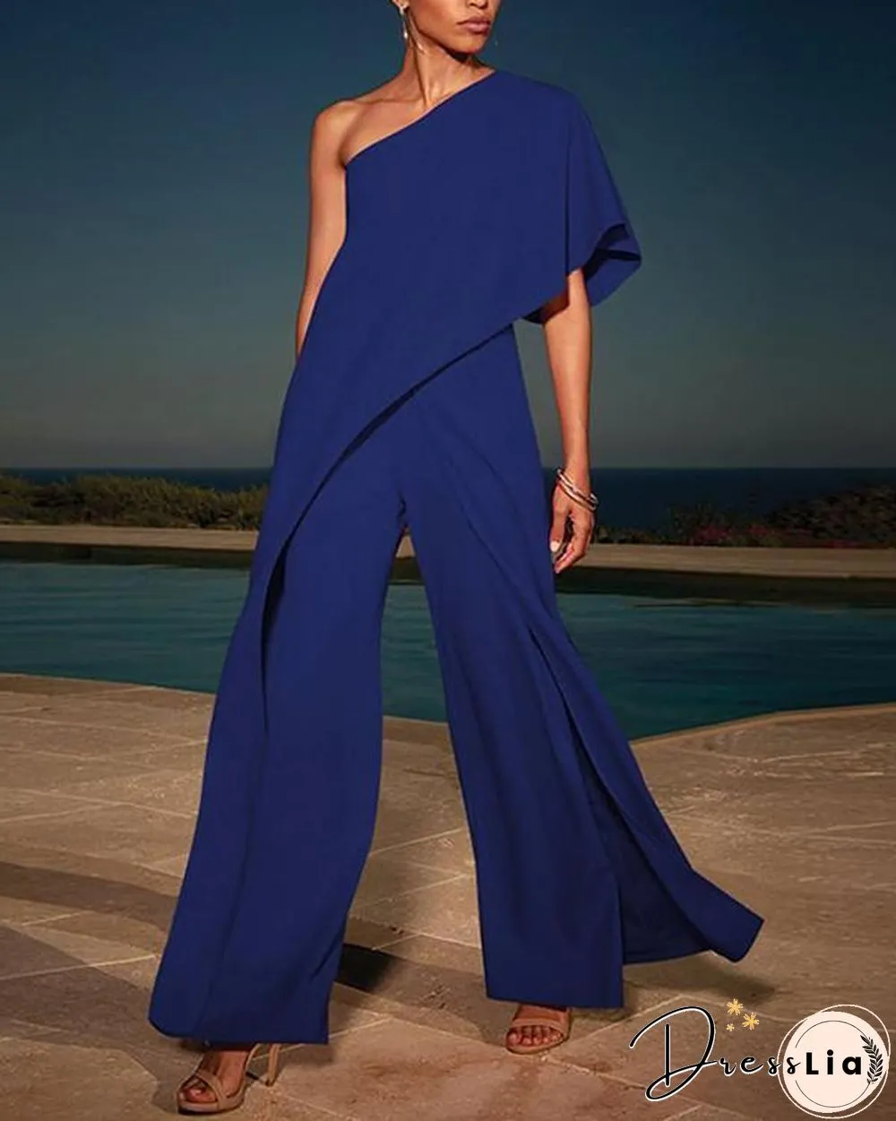 One Shoulder Solid High Waist Wide Leg Black Elegant Jumpsuit