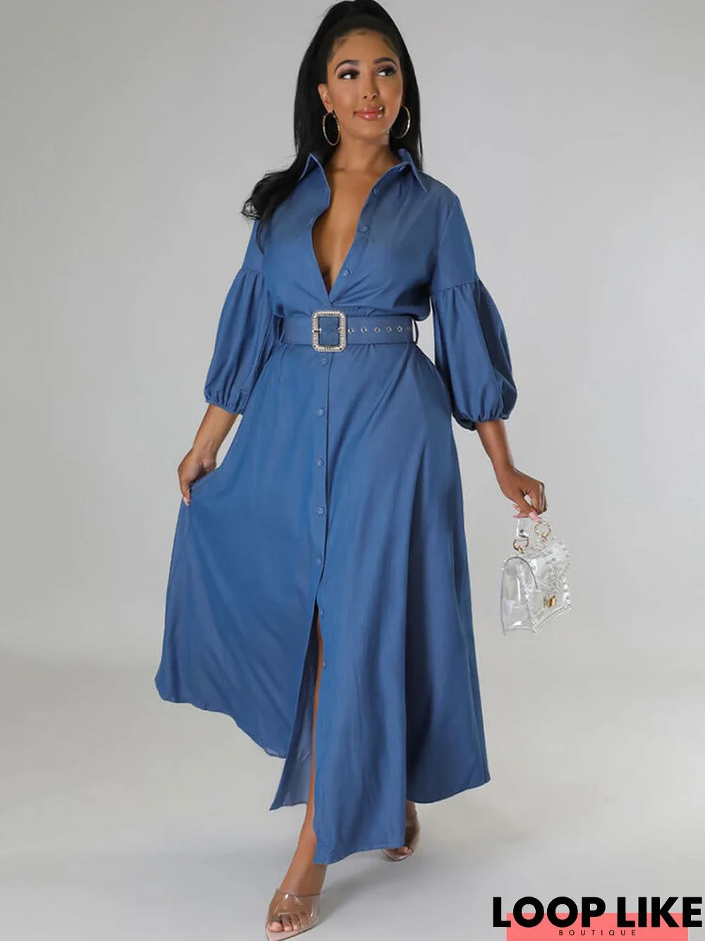 Denim Lantern Sleeve Bodycon Maxi Dresses