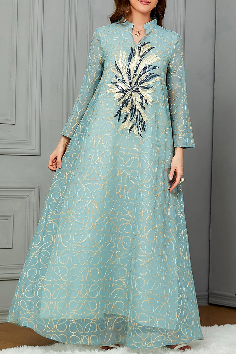 Stand Collar Sequins Abstract Embroidery Long Sleeve Loose-Fit Maxi Dresses