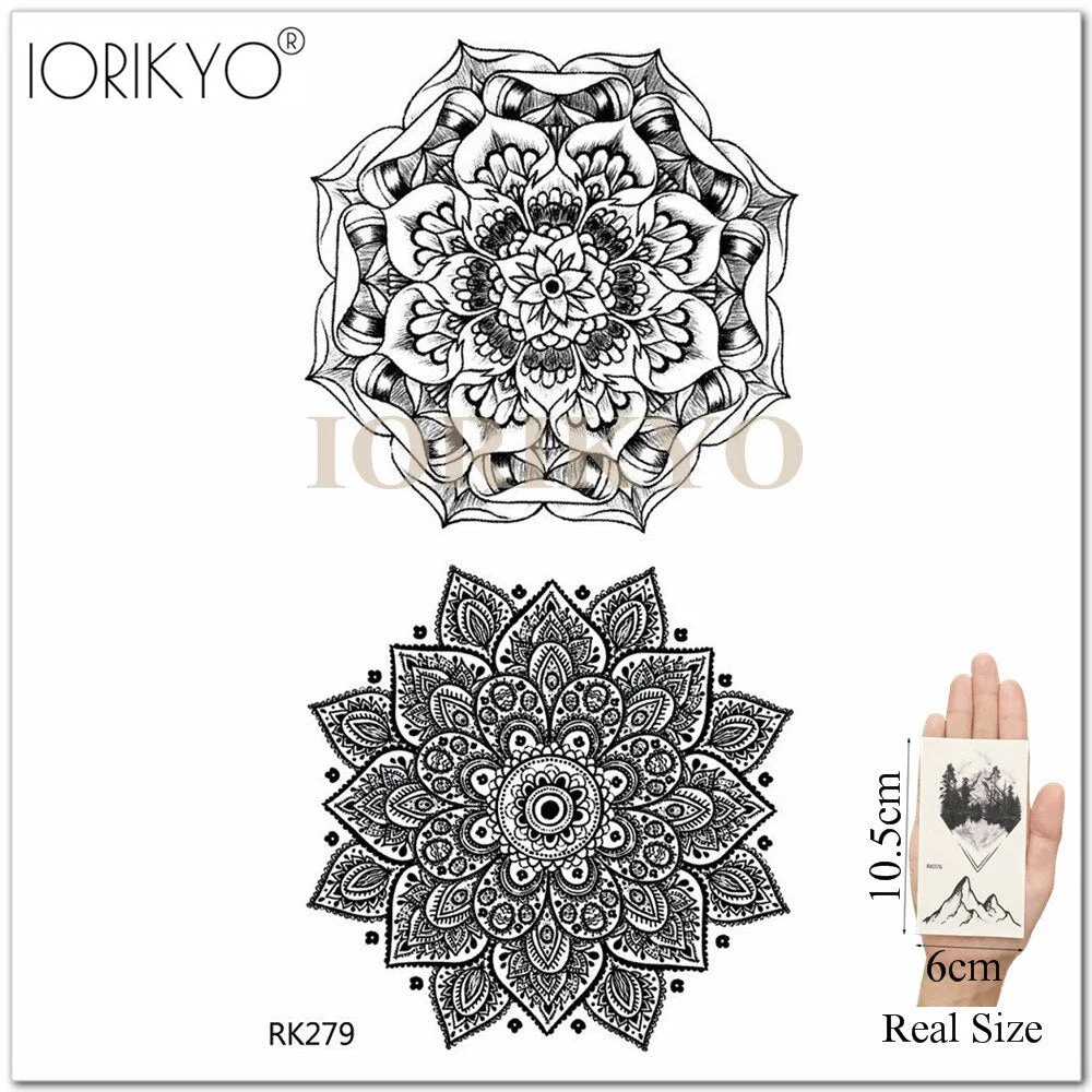 Mandala Henna Flower Fake Tattoo Arm Body Stickers Women Arm Temporary Tattoo Girls Ankle Lace Fake Tatoo Round Black Moon