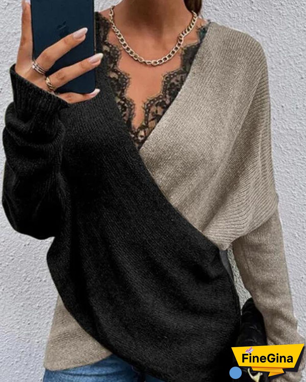 Color Contrast Cross Lace V Neck Sweater