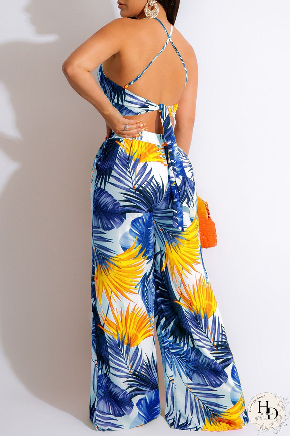 Blue Sexy Casual Print Frenulum Backless Spaghetti Strap Sleeveless Two Pieces