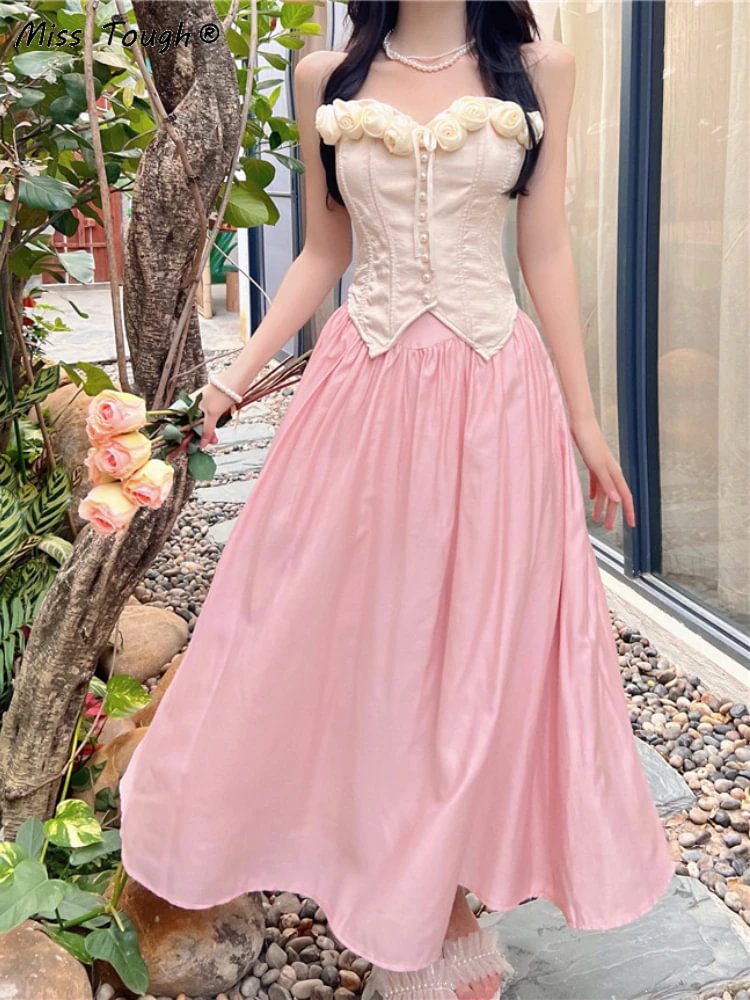 Vintage Elegant Floral Sweet Corset Top + Pink High-waisted Skirt Two-piece Dress PE052