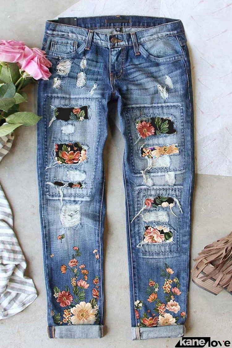 Flowers Printed Patch Ripped Boyfriend Denim Jeans