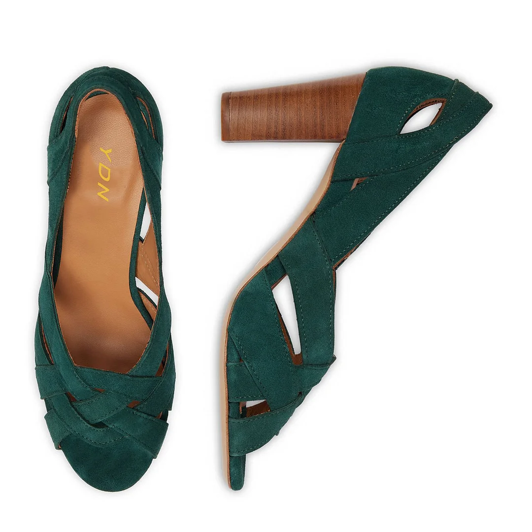 Dark Green Faux Suede woven Inlay Open Toe Block Heel Elegant Pumps