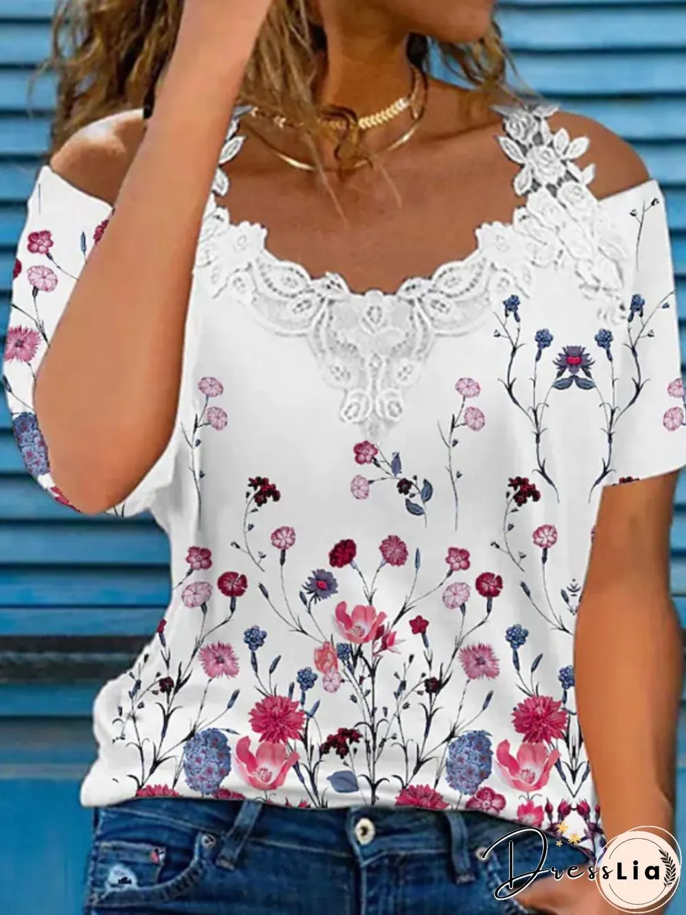 Casual Floral Short Sleeve V Neck Plus Size Printed Tops T-shirts