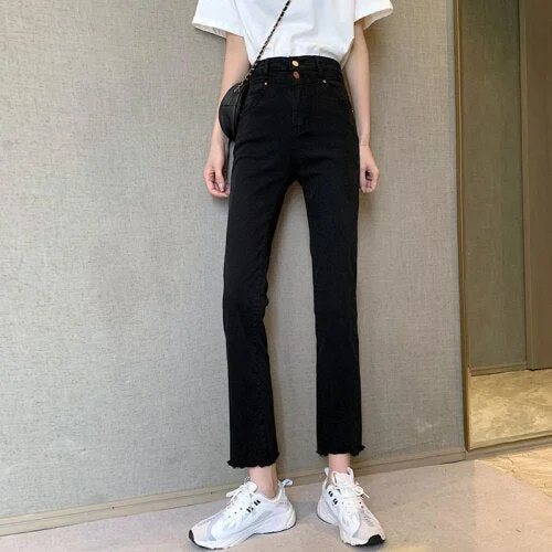 Jeans Women Pure Color Female Spring High Waisted Straight Zipper Students All-match Mujer De Moda Leisure Pockets Denim Trouser