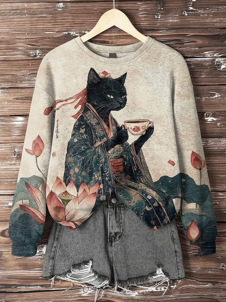 Women's Lotus Japanese Kimono Cat Tea Art Print Cozy Sweatshirt