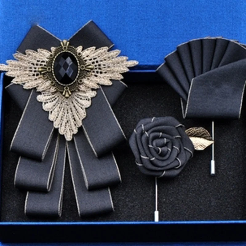 Fashion New Casual Multilayer Bowtie Diamond Brooch Rhinestone Red Bow Tie Brooch Set Wedding Groom Groomsmen Pocket Square Men