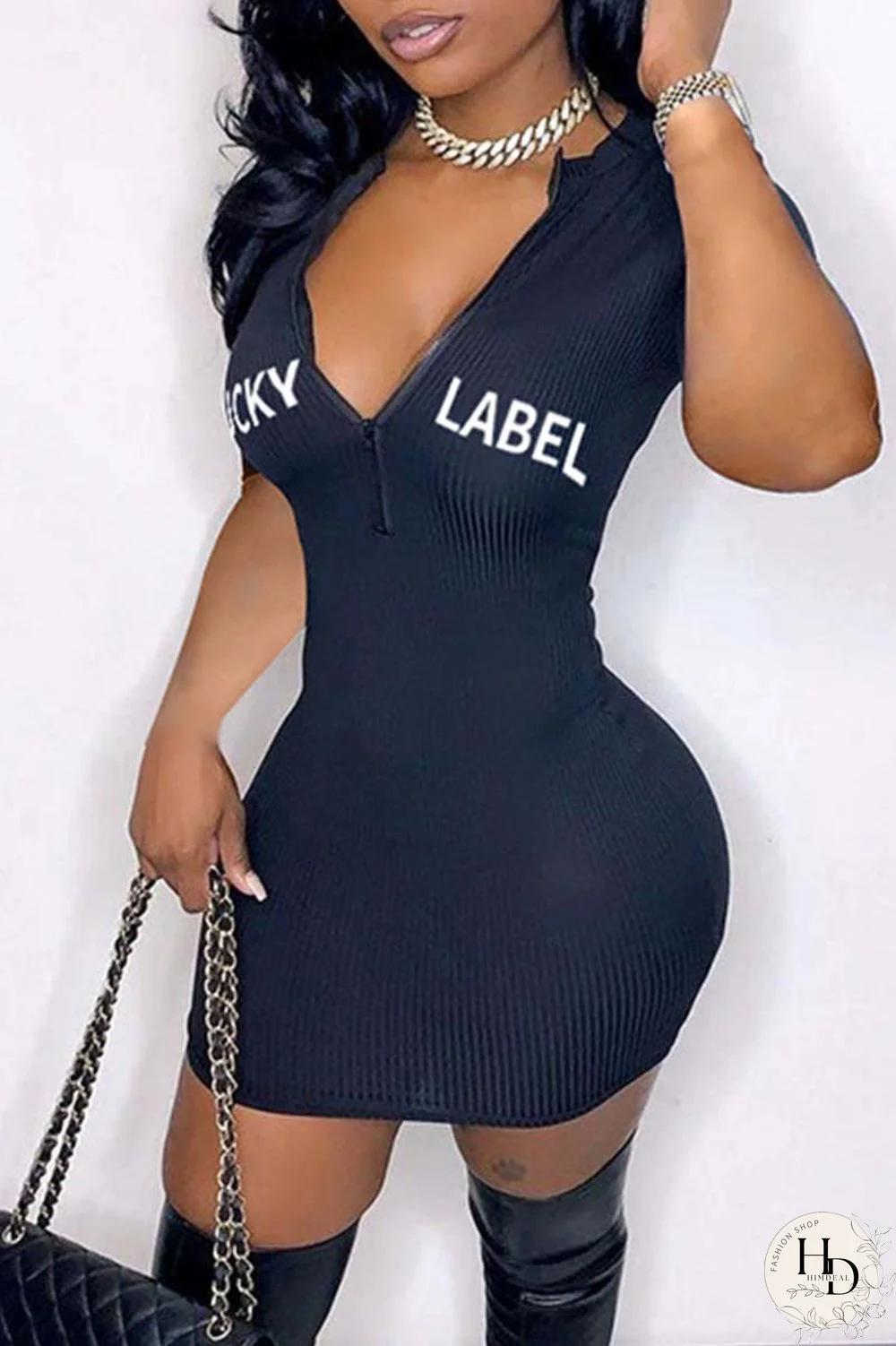 Black Fashion Casual Letter Embroidery Basic Zipper Collar Short Sleeve Dress