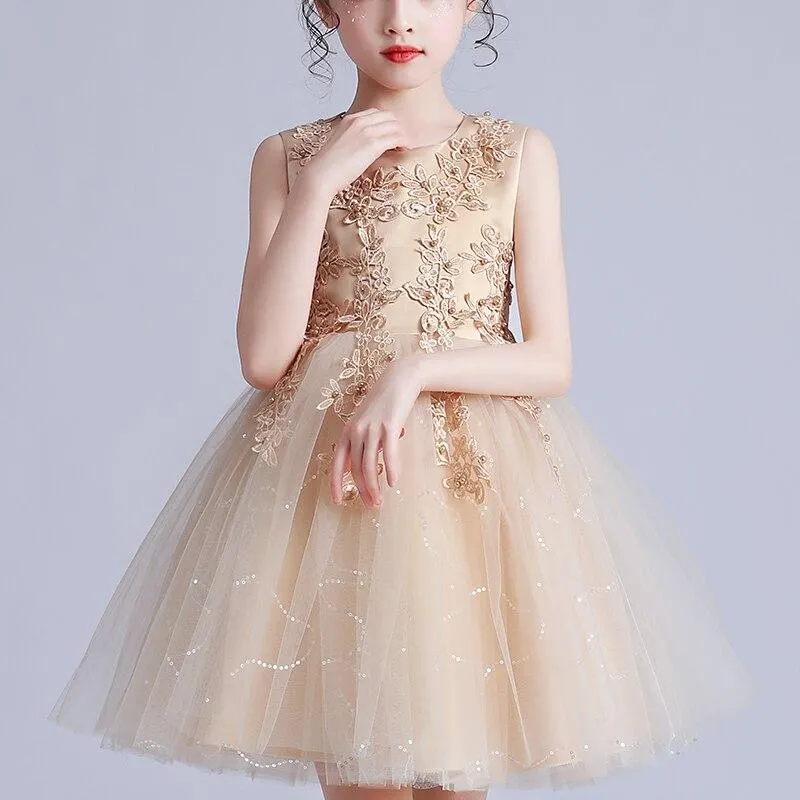 Girls' Dress 4-12 Kids Sweet Wedding Party Clothing Frock Flower Beading Gown Princess Summer Girls&lsquo; Short Dress Costumes M683