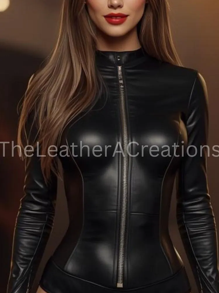 pornhint Pornhint Black Leather Half Bodysuit for Women &ETH; Long Sleeve Zip Front One Piece leather body harnesses for women