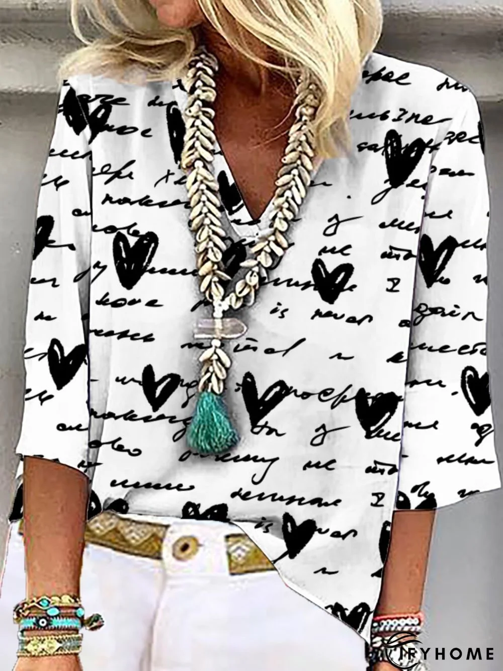 Women's Casual Text Letters Heart Three Quarter V Neck Printed Top Floral Layered Print Fall Summer Weekend Blouse Shirt | IFYHOME