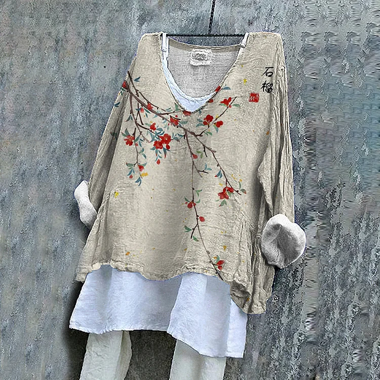 Comstylish Vintage Floral Art Cotton Linen V Neck Casual Shirt