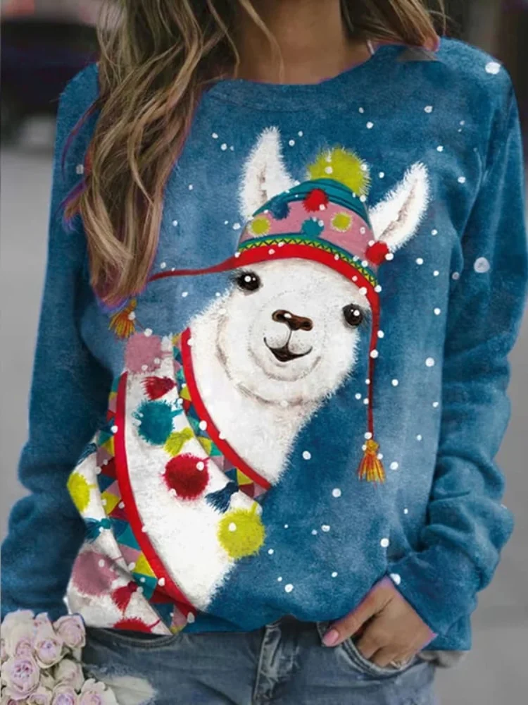 Funny Christmas Alpaca Print Casual Sweatshirt