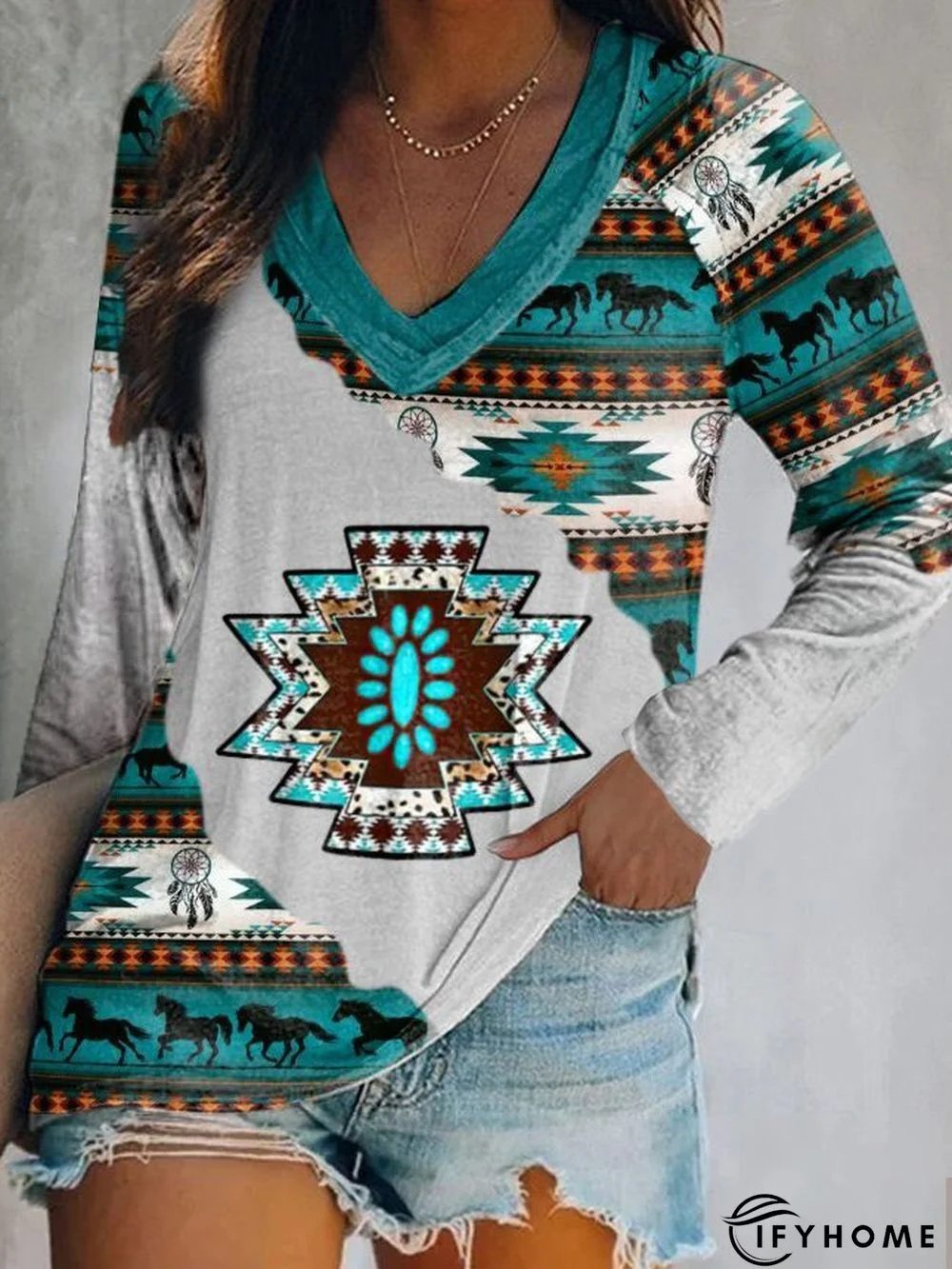 V Neck Geometric Cotton Loose Tunic T-Shirt | IFYHOME