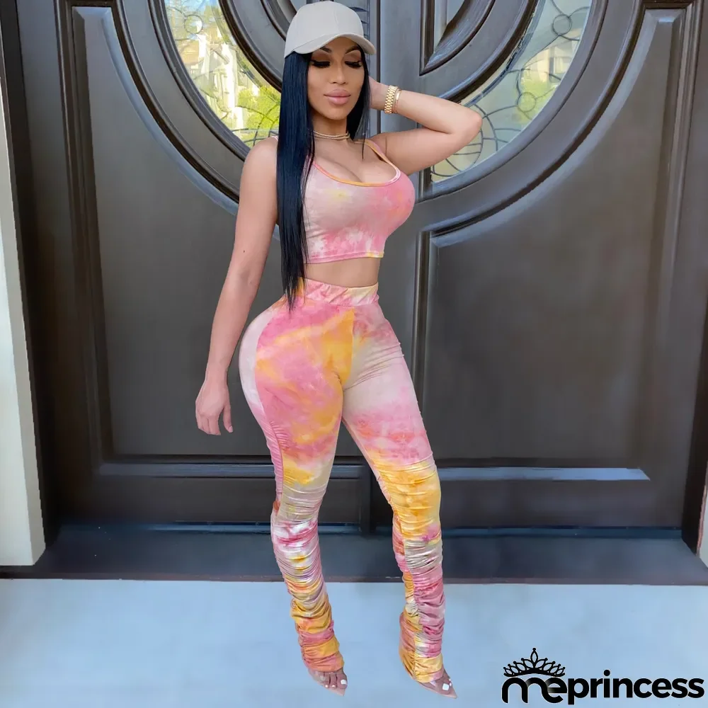 Tie Dye Print Cami Top Stacked Pants Two Piece Suits