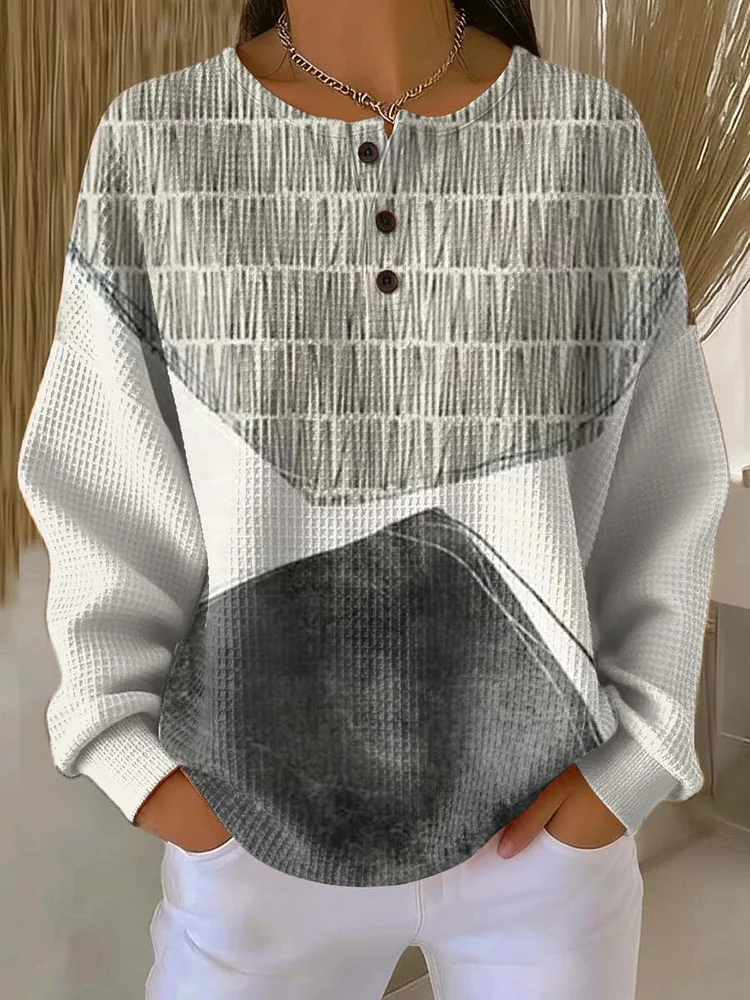 Women's Geometric Pattern Art Print Casual Cotton Waffle Sweatshirt