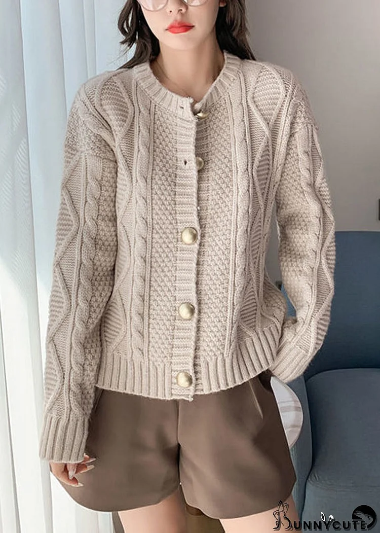 Boutique Beige O-Neck Button Cable Knit Cardigan Fall