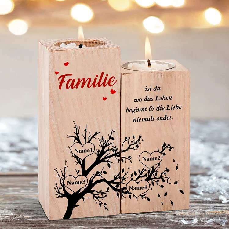 Personalisierte 4 Namen & Text Kerzenhalter- Familie ist da wo das Leben beginnt